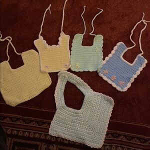 Five Crocheted Baby Bibs, Yellow/White; Green; Blue/White w/ Pink Flowers